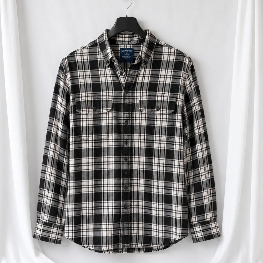 Black White‎ Plaid Flannel Shirt Mens Medium Cotton Button Up Layering Grunge